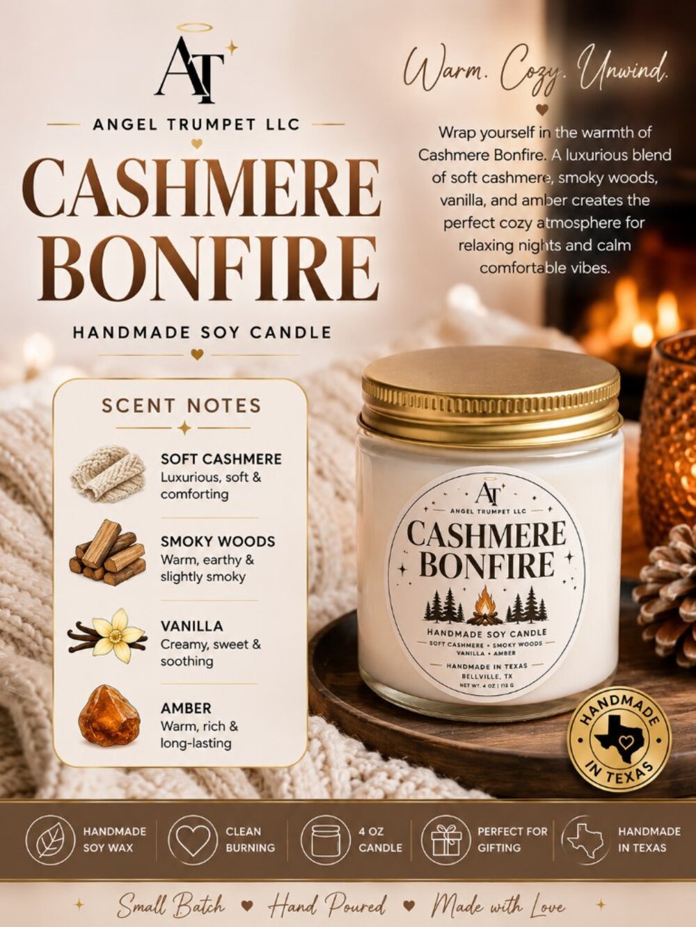 CASHMERE BONFIRE Handmade Soy Candle | 4 oz Luxury Candle | Angel Trumpet LLC